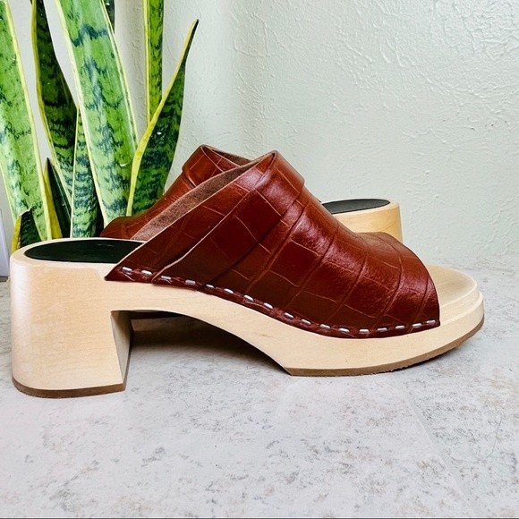 SWEDISH HASBEENS Brown Leather Croc Platform Mules Clogs Sandals Shoes 38 8 8.5 - Picture 8 of 11